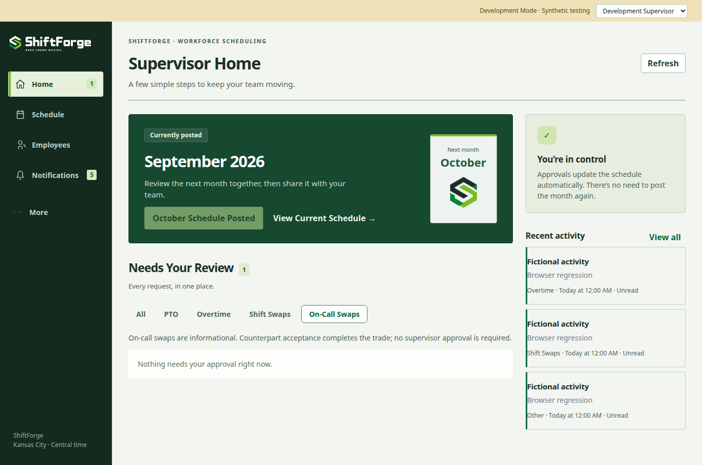 Supervisor dashboard with schedule status, a central request review inbox, and recent activity.